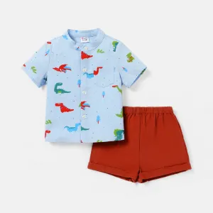 2pcs Baby Boy 100% Cotton Short-sleeve Allover Dinosaur Print Shirt and Solid Shorts Set #733699