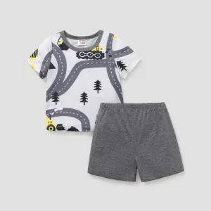 2pcs Baby Boy 100% Cotton Shorts and Allover Road & Vehicle Print Short-sleeve Naiaâ¢ Tee Set