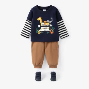 2pcs Baby Boy 100% Cotton Solid Flap Pocket Cargo Pants and Graphic Print Striped Long-sleeve Faux-two Tee Set #230809