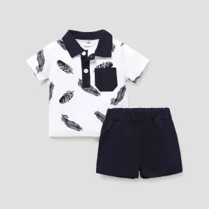 2pcs Baby Boy 100% Cotton Solid Shorts and Allover Feather Print Contrast Collar Short-sleeve Polo Shirt Set #791570