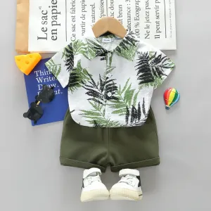 2pcs Baby Boy 100% Cotton Solid Shorts and Allover Leaf Print Short-sleeve Shirt Set #784553