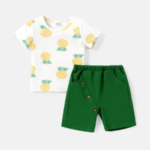 2pcs Baby Boy 100% Cotton Solid Shorts and Allover Pineapple Print Short-sleeve Tee Set #220235