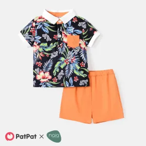 2pcs Baby Boy 100% Cotton Solid Shorts and Short-sleeve Allover Floral Print Naiaâ¢ Polo Shirt Set #718127