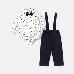 2pcs Baby Boy 100% Cotton Solid Suspender Pants and Long-sleeve Allover Glasses & Mustache Print Bow Tie Romper Set #219912