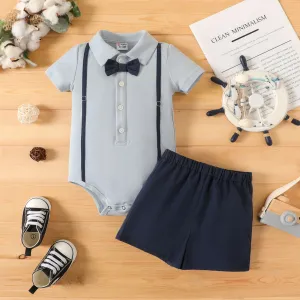 2pcs Baby Boy 100% Cotton Suspender Shorts and Bow Tie Decor Short-sleeve Shirt Romper Set #867836