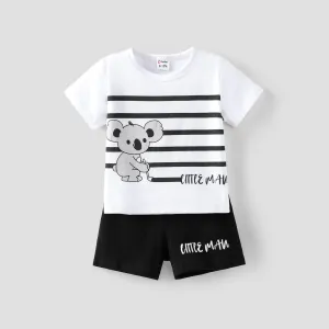 2pcs Baby Boy 95% Cotton Bear & Stripe Print Short-sleeve Tee and Letter Print Shorts Set #1033444