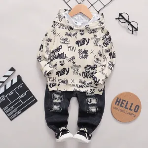 2pcs Baby Boy 95% Cotton Denim Ripped Jeans and All Over Graffiti Letter Print Long-sleeve Hoodie Set #196725
