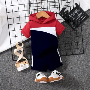 2pcs Baby Boy 95% Cotton Hooded Short-sleeve Colorblock Top & Shorts Set #1037175