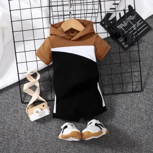 2pcs Baby Boy 95% Cotton Hooded Short-sleeve Colorblock Top & Shorts Set #776091