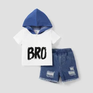 2pcs Baby Boy 95% Cotton Letter Print Short-sleeve Hoodie and Ripped Denim Shorts Set #1041778