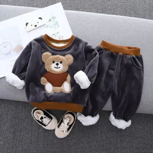 2pcs Baby Boy 95% Cotton Long-sleeve Cartoon Bear Pattern Thickened Fleece Lined Pullover and Trousers Set #783732