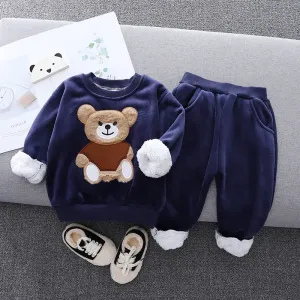 2pcs Baby Boy 95% Cotton Long-sleeve Cartoon Bear Pattern Thickened Fleece Lined Pullover and Trousers Set #783739