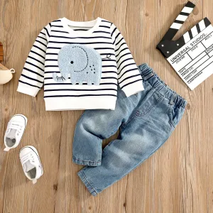 2pcs Baby Boy 95% Cotton Long-sleeve Elephant Embroidered Striped Sweatshirt & Denim Jeans Set #721038