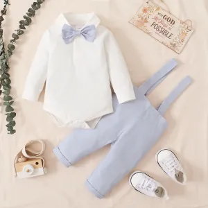 2pcs Baby Boy 95% Cotton Long-sleeve Gentleman Bow Tie Romper and Overalls Set #193937