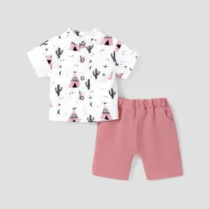 2pcs Baby Boy 95% Cotton Short-sleeve All Over Cactus Print Button Up Shirt and Solid Shorts Set #778238