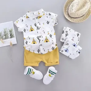 2pcs Baby Boy 95% Cotton Short-sleeve All Over Cactus Print Button Up Shirt and Solid Shorts Set #778245