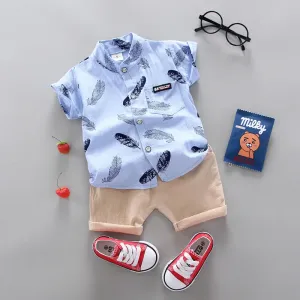 2pcs Baby Boy 95% Cotton Short-sleeve All Over Feather Print Button Up Shirt and Solid Shorts Set #189323