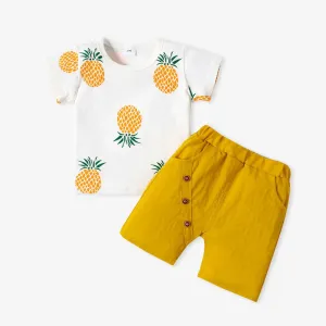 2pcs Baby Boy 95% Cotton Short-sleeve Pineapple Print Tee and Solid Shorts Set #783487
