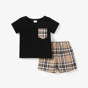 2pcs Baby Boy 95% Cotton Short-sleeve Tee and Plaid Shorts Set #777018