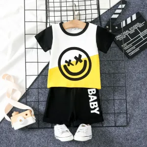 2pcs Baby Boy 95% Cotton Smile Face Print Short-sleeve Tee and 95% Cotton Letters Print Shorts Set