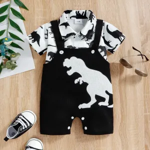 2pcs Baby Boy All Over Dinosaur Print Short-sleeve Shirt and Overalls Shorts Set #784083