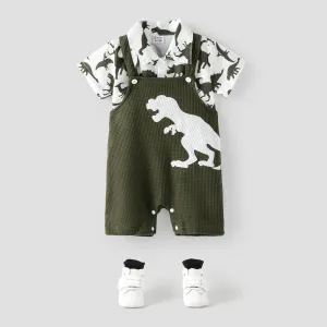2pcs Baby Boy All Over Dinosaur Print Short-sleeve Shirt and Overalls Shorts Set #784145