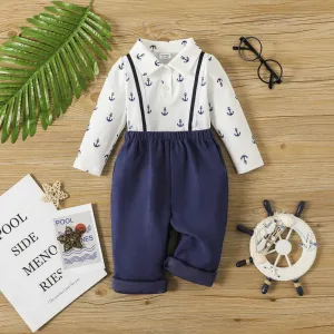 2pcs Baby Boy Allover Anchor Print Long-sleeve Polo Shirt and Suspender Pants Set #807239