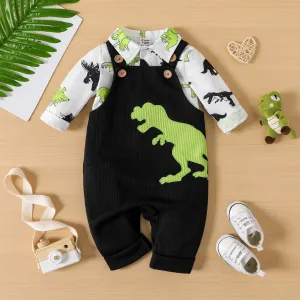 2pcs Baby Boy Allover Dinosaur Print Long-sleeve Shirt and Overalls Set #830578