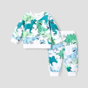 2pcs Baby Boy Allover Dinosaur Print Long-sleeve Sweatshirt and Pants Set #1053111