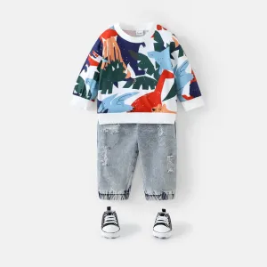 2pcs Baby Boy Allover Dinosaur Print Long-sleeve Sweatshirt and Ripped Jeans Set #204854