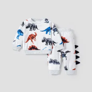 2pcs Baby Boy Allover Dinosaur Print Long-sleeve Sweatshirt & Sweatpants Set #229773
