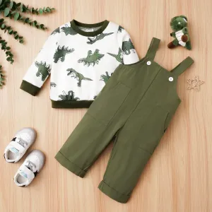 2pcs Baby Boy Allover Dinosaur Print Long-sleeve Top and 100% Cotton Solid Overalls Set #1056259