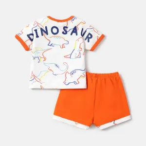 2pcs Baby Boy Allover Dinosaur Print Short-sleeve Tee and Cotton Shorts Set #786434