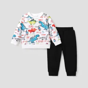 2pcs Baby Boy Allover Dinosaur Print Sweatshirt and Solid Pants Set #1047942