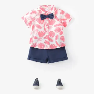 2pcs Baby Boy Allover Pink Leaf Print Short-sleeve Bow Tie Shirt and Solid Shorts Set #854092