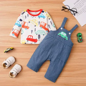 2pcs Baby Boy Allover Vehicle Print Long-sleeve Top and 100% Cotton Overalls Set #1050692