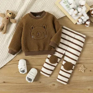2pcs Baby Boy Bear Embroidered Brown Sherpa Fleece Long-sleeve Pullover and Striped Ribbed Leggings Set #816214