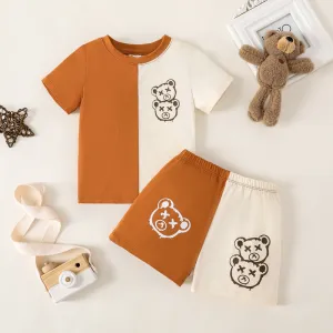 2pcs Baby Boy Bear Print Two Tone Panel Short-sleeve Tee and Shorts Set #1042103
