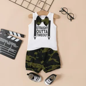2pcs Baby Boy Bow Decor Letter Print Tank Top and Camouflage Shorts Set #1037128