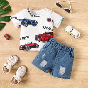 2pcs Baby Boy Car Letter Print Short-sleeve Tee and Ripped Denim Shorts Set #1044765