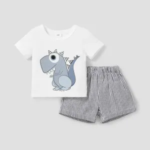 2pcs Baby Boy Cartoon Dinosaur Print Short-sleeve T-shirt and Pinstriped Shorts Set #784059