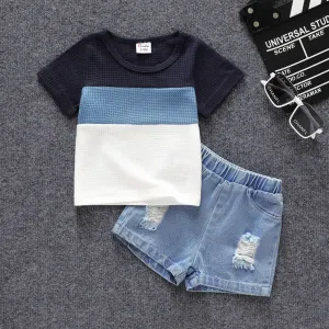 2pcs Baby Boy Color Block Waffle Top and 100% Cotton Ripped Denim Shorts Set #1032758