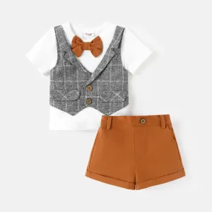 2pcs Baby Boy Cotton Faux-two Plaid Bow tie Vest Design Short-sleeve Tee and Shorts Set #776523