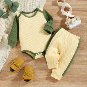 2pcs Baby Boy Cotton Ribbed Colorblock Long-sleeve Romper & Pants Set #236849