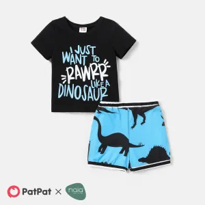 2pcs Baby Boy Cotton Short-sleeve Letter Graphic Tee and Allover Dinosaur Print Naiaâ¢ Shorts Set