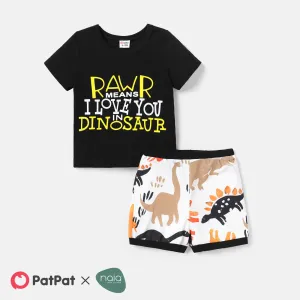 2pcs Baby Boy Cotton Short-sleeve Letter Graphic Tee and Allover Dinosaur Print Naiaâ¢ Shorts Set #220006