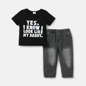 2pcs Baby Boy Cotton Short-sleeve Letter Print Tee and Straight Fit Jeans Set #759092