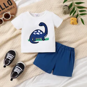 2pcs Baby Boy Dinosaur Embroidered Short-sleeve Tee and Solid Shorts Set #1033767