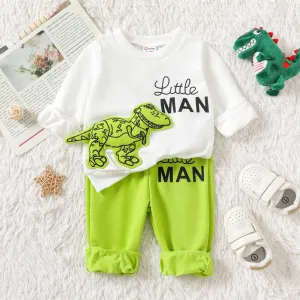 2pcs Baby Boy Dinosaur & Letters Graphic Long-sleeve Sweatshirt and Pants Set #1074535