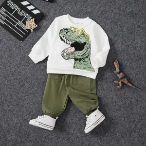 2pcs Baby Boy Dinosaur Print Long-sleeve Top and 100% Cotton Pants Set #1051621